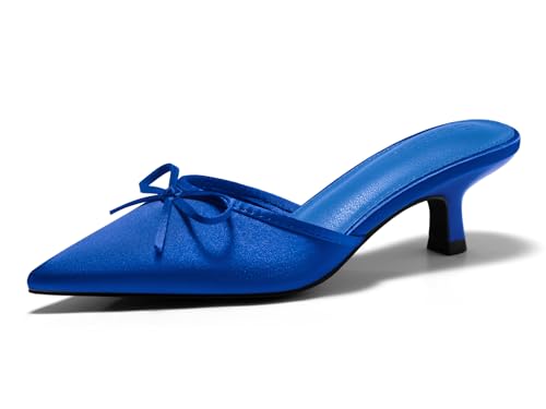 Image of Coutgo Womens Kitten Heels Mules with Bow Satin Slip on Pumps Closed Pointed Toe Dress Wedding Party Shoes