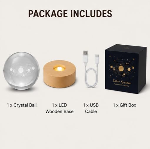 Image of Crystal Ball Night Light with Wooden Base, 3D Crystal Ball Night Lamp Touch Control LED Lamp, Bed Side Table Lamps for Bedroom, Table Lamp for Study Room, Home Decoration Items (Solar System)