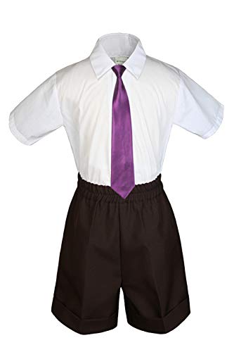 MILLTEX 3 Pieces Set Formal Party Wedding Color Satin Necktie Shirt Brown Shorts Set New Born Baby Boy Toddler Sm-4T (M (6-12 Months Old), Eggplant)