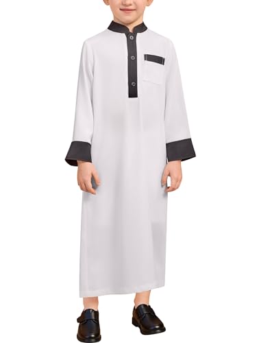 Image of OBEEII Boy's Muslim Arab Solid Color Thobe Long Sleeve Kaftan Embroidered Robe Islamic Arabic Abaya Thobe