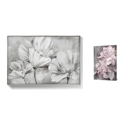 lamplig Large Gray Floral Canvas Wall Art for Living Room 48"x32" Hand Painted Grey and White Pictures for Bedroom, Pink Roses 16"x24" Artwork for Bathrom Cover