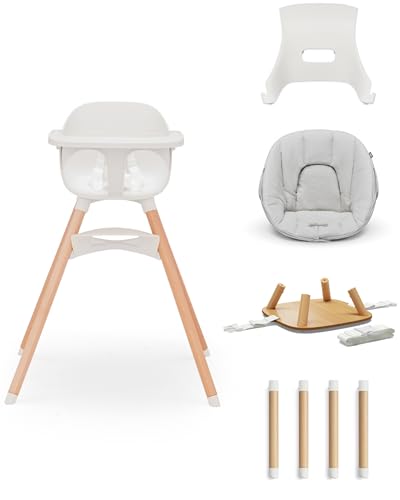 Image of Lalo The 3-in-1 High Chair Kit - Convertible Wooden High Chair for Babies & Toddlers with Infant Support, Cushion, Booster Conversion Kit & Play Legs, Adjustable Footrest - Coconut