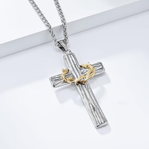 Cross Necklace for Men Thorns Cross Necklace Stainless Steel Black Gold Silver Jesus Christ Crucifix Pendant Necklaces Faith Religious Jewelry Gift2