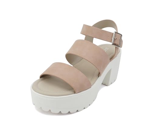Image of Soda ACCOUNT ~ Women Open Toe Two Bands Lug sole Fashion Block Heel Sandals with Adjustable Ankle Strap