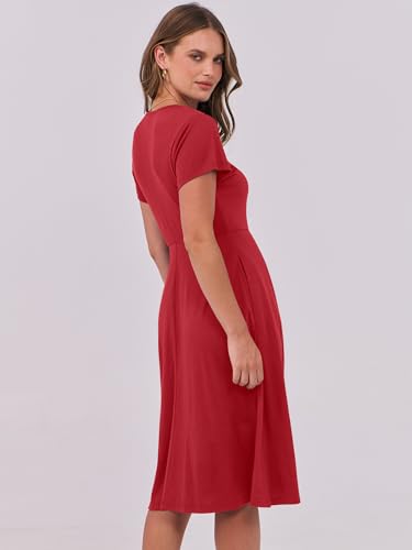 Image of ANRABESS Women Summer Dress Casual Short Sleeve V Neck A-Line Knee Length Pleated Flowy 2026 Fashion Midi Dresses with Pocket