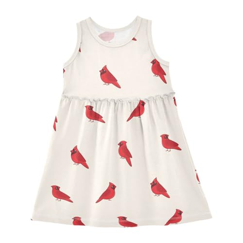 Cartoon Bird Red Cardinal Seamless Girls Casual Dress Cotton Summer Clothes for Kids 2T-8Y