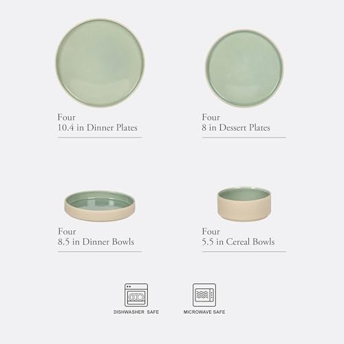 Image of Gibson Elite Liberty Bay 16-Piece Pottery Clay Stoneware Dinnerware Set - Mint Green Reactive Glaze, Stackable Plates and Bowls W /Pasta Bowl, Service for 4 - Microwave & Dishwasher Safe