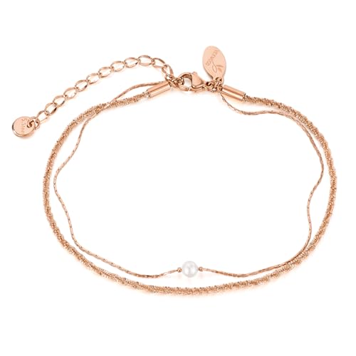 VICKWOOD Perlen-Layering Kette Damen Edelstahl 17 21 25 30 45 50 cm extra Lang Fußkettchen verstellbar Armband/Fussketten in Silber/Gold/Rosegold Wasserfest Schmuck für Frauen (F.Kette-R.gold/26cm)