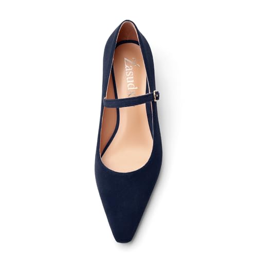 Women's Pumps Low Kitten Heel Mary Janes Closed Suede Pointed Toe Dress Shoes for Women Party Wedding Office 1.4 Inch3
