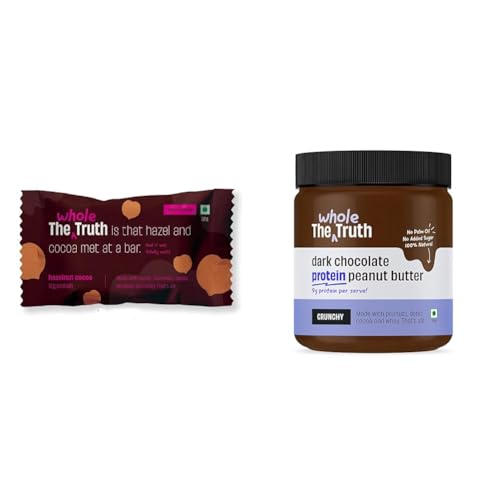 Image of The Whole Truth - Hazelnut Cocoa Protein Bar with 12g Protein(Pack of 6) & The Whole Truth - No Added Sugar Dark Chocolate Protein Peanut Butter - 325g with 9g Protein per serve - Crunchy