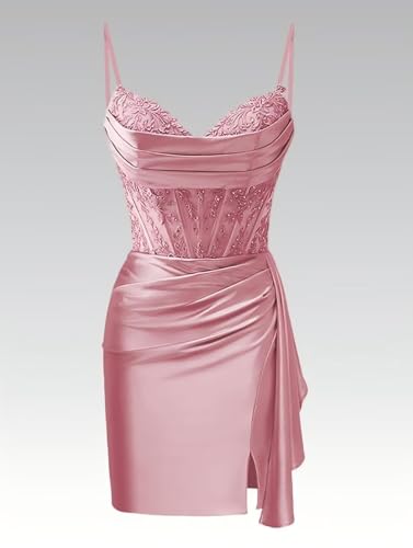 Miao Duo Spaghetti Strap Short Tight Homecoming Dresses 2025 Lace Satin Cocktail Party Dress with Wrap Train YZTS2723