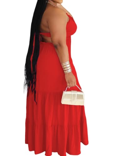 Image of TOPSRANI Womens Sleeveless Maxi Dress Halter Casual Backless Smocked Tiered Ruffle Flowy Sexy Slip Sling Strap Dresses