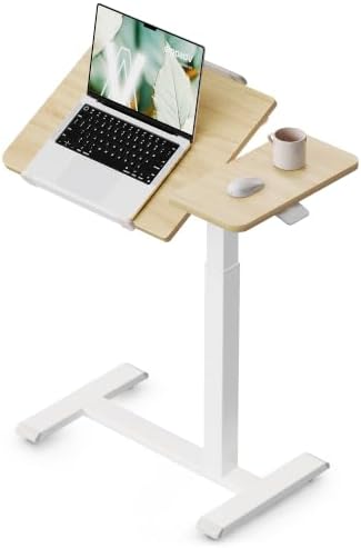 VASAGLE Höhenverstellbarer Schreibtisch, Neigbar, Beistelltisch mit Rollen | Laptoptisch, 70 x 40 x (68-102,5) cm, Pneumatisch, für Home Office, Goldeichenfarben und Weiß, BALOK Ko