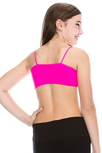 Kurve Girl’s Training Sports Bra – Seamless Bralette Kids Crop Cami Tank Top UV Protective Fabric UPF 50+ Made in USA, Neon Fuschia, Age 9-142