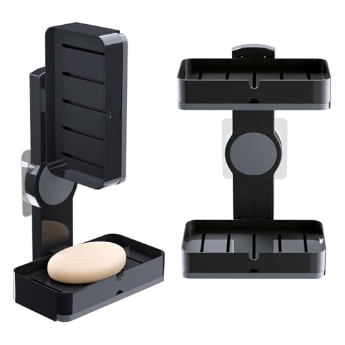 Image of Pack of 3 Plastic Self-Adhesive Double Layers Soap Holder for Bathroom Wall with Removable Drain Tray | No Drill Stickable Soap Stand for Kitchen Sink | Black