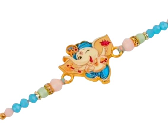 Ganesha Rakhi with Multicolour Crystal Beads, Gold Finish-image-25