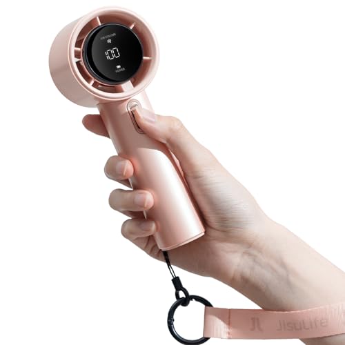 Image of JISU-Life Handheld Fan Pro1 with Digital Display, Lanyard, 100 Speed Adjustable for Travel /Camping /Outdoor, Gift for Women /Men (Pink, 3600mAh)