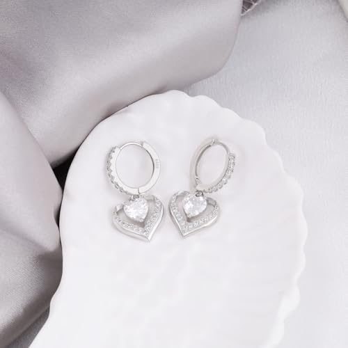 Heart Dangle Hoop Earrings for Women - Sterling Silver Cubic Zirconia Double Love Heart Shaped Hoop Charm Earrings Hypoallergenic Nickel Free Sparkle CZ Loop Dangling Earring Classic Jewelry Gifts3