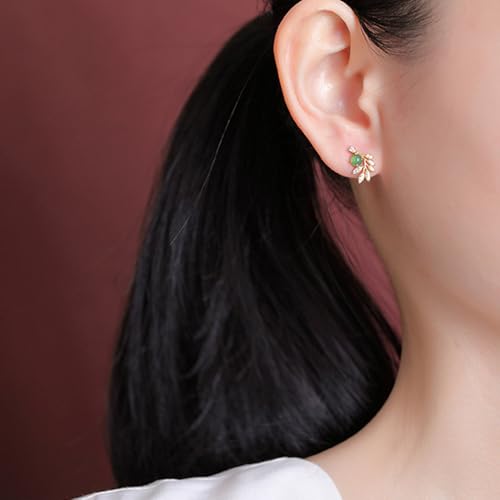 Boucles d'oreilles jade vert anti-allergie, clous d'oreilles feuille argent 925