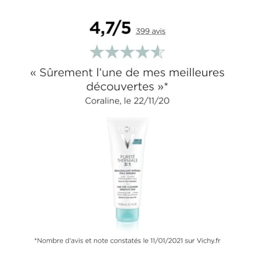 Vichy, Pureté Thermale, Démaquillant Intégral, Utilisation 3-En-1 Lait Lotion et Démaquillant, Nettoie et Purifie, Adapté aux Peaux et Yeux Sensibles, Glycérine, 300 ml
