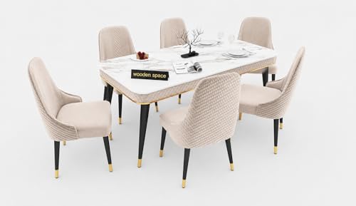 Image of WOODEN SPACE 6-Seater Wooden Dining Table Set | Nano Composite Marble Top | Solid Wood Base | Modern Dining Room Furniture with 6 Chairs (Beige Modern Vento)