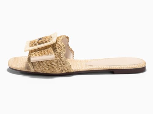 Image of Coutgo Womens Flat Sandals Raffia Slip On Slide Sandal Square Open Toe Buckle Summer Beach Shoes Flats
