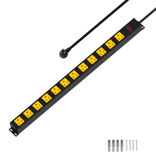 Regleta de metal de 12 tomas, protector de sobretensión, cable resistente, amplio espacio y montaje en pared, para exteriores, computadora, garaje, industrial, tienda e