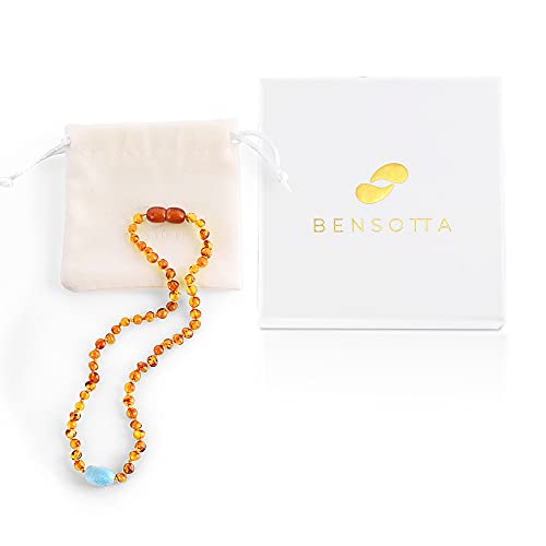 Baltic Amber Necklace Raw polished [Baroque Honey with Authentic Turquoise bead] [12.5 inches CHILD size] [32cm] 100% GIA Authentic Certification [Genuine Baltic Amber by Bensotta] [NEW] 