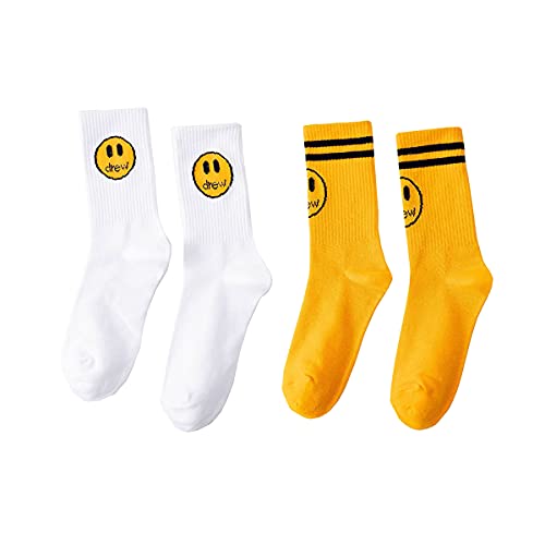 Unisex 2 Pairs Of Socks Smiley Face House Fashion Couples Crew Hip Hop Socks White Striped Yellow