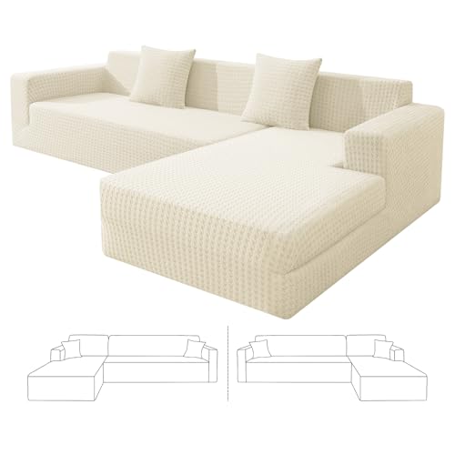 ZNSAYOTX Stretch Sectional Couch Covers New-Houndstooth Texture, Thick Slipcovers with Elastic Bottom for L Shape Sectional Sofa, 2 Pcs Pet Friendly Universal Protector (Sofa or Chaise), Beige
