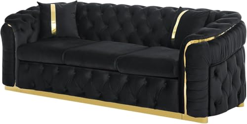 LuxyHoom Black Velvet Chesterfield Sofa with Gold Accent 90.6 Inch