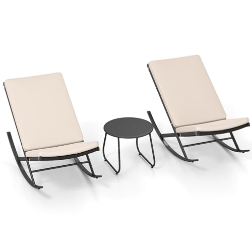 LIFEZEAL Salotto da Giardino Esterno, Tavolo da Giardino con 2 Sedie a Dondolo, Tavolino Rotondo e 2 Poltrone, in Rattan PE, Metallo, Comodo, Cuscino Imbottito e Rimovibile, Resistente alle Intemperie