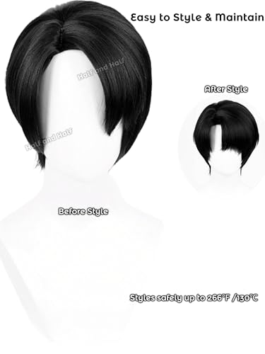 Image of Half and Half Short Black Anime A-O-T Cosplay Wig with Side Part Bangs Black Soldier Wigs Emo Costume Wigs for Halloween Party