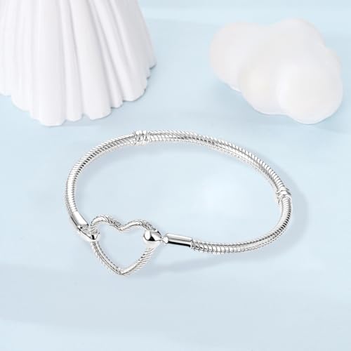 925 Sterling Silver Snake Chain Bracelet,Compatible with Pandora Charms Pendant,Heart Shape Bracelet Clasp for Womes Jewellery Gift2