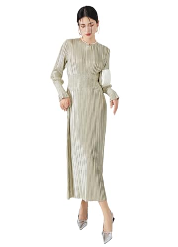 Women's Crew Neck Plisse Maxi Solid Dress Long Sleevele Flared Cuffs Belted Pleated Party Cocktail Guest Dress (Champagne,one Size,Female,Adult,US,Alpha,One Size,Regular,Regular)