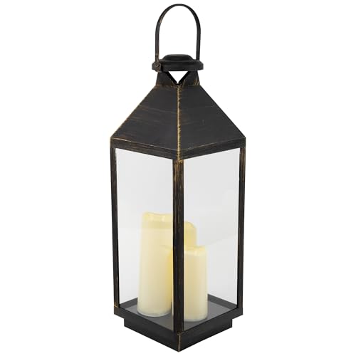 Image of Lantern with Flameless LED Candles - 24 inch - Gold and Brushed Black