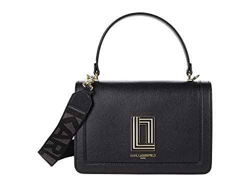 KARL LAGERFELD Women's Simone Solid Satchel Crossbody, Black/Gold, One Size