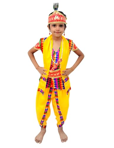 Image of BookMyCostume Shri Krishna Multicolor Kids Fancy Dress Costume 9 Pcs Set with Red Accessories - Premium 5-6 years