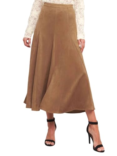 utcoco Womens Faux Suede Midi Skirt High Waisted Ruffle A Line Flared Fall Winter Long Skirt (X-Small Brown)