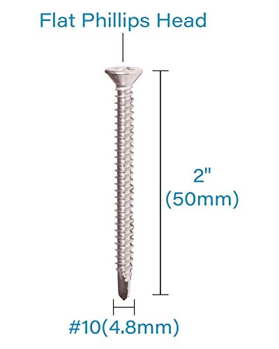 Image of IMScrews 50pcs #10 x 2 Stainless Flat Head Phillips Self Drilling Screws, 410 Stainless Steel Full Thread Sheet Metal Tek Wood to Metal Screws
