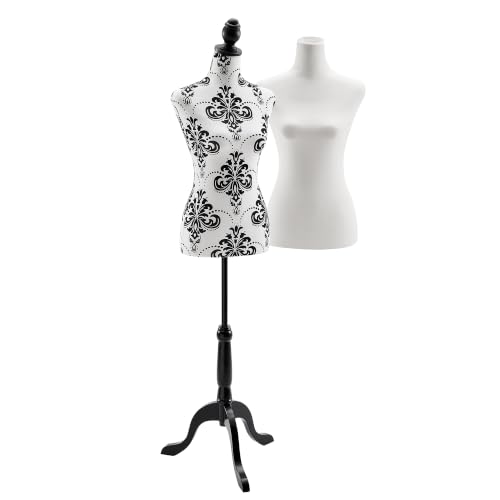 BTFY Mannequin Female - Dressmakers Tailors Dummy w/ 2 Removable Covers - UK Size 8/10 Decorative Dress Form Body w/ Adjustable Height - Seamstress Model for Shop Display - Plain White & Black Damask