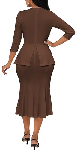 Image of Elegant Brown Church Dress for Women Short Sleeve Midi Dress Work Wear Vintage Pencil Dress for Business Casual Outfits