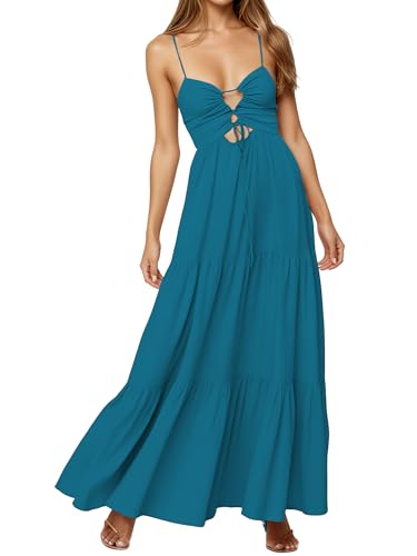 Image of Womens Summer Floral Spaghetti Strap Backless Low Cut Smocked Milkmaid Flowy Beach Sundresses