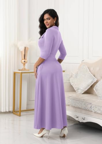 Image of FANDEE Maxi Long Dress Women, Church A Line Bow Tie Neck Casual Dresses | 3 /4 sleeve with pockets, tea party elegant wedding guest semi formal bridesmaid dress, m-3xl, machine wash