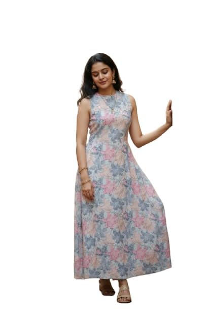 Women Floral Print Sleeveless A-Line Dress in Pastel Pink and Grey | Round Neck Summer Ankle Length Kurti Dress for Women and Girls-picture-15