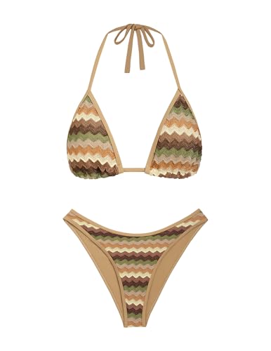 Image of seamoly Women's Bikini Sets Halter Neck Crochet Colorblock Two Piece Swimsuits Open Back Sexy High Cut Thong Bathing Suit