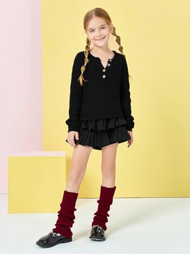 Image of rrhss Girls Waffle Knit Sweaters Trendy Henley Button V Neck Long Sleeve Pullover Jumper Tops Black