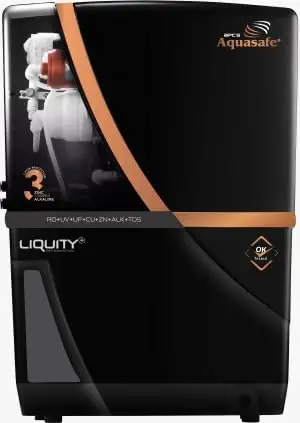 Aquasafe Liquity Plus Copper Purifier , RO + UV + UF + Cu + Zn + Alk , Three Layer Protection + 7 Stage Purification Water Purifier , Tank Capacity : 12 Litre , Made With ABS Food Grade Material , Color : Black.