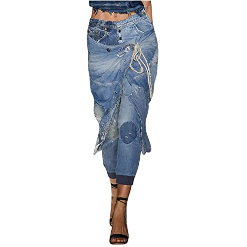 HGps8w Women's Plus Size Jeans Chic Wrap Patchwork Streetwear Distressed Stretchy Sexy Cropped Denim Pants with Pockets