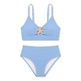Luckrizyy Girls Swimsuit 2 Piece Bikini Sets V Neck High Waisted Textured Ruched Solid Chest Padded Beach Bathing Suits 7-16Y Blue